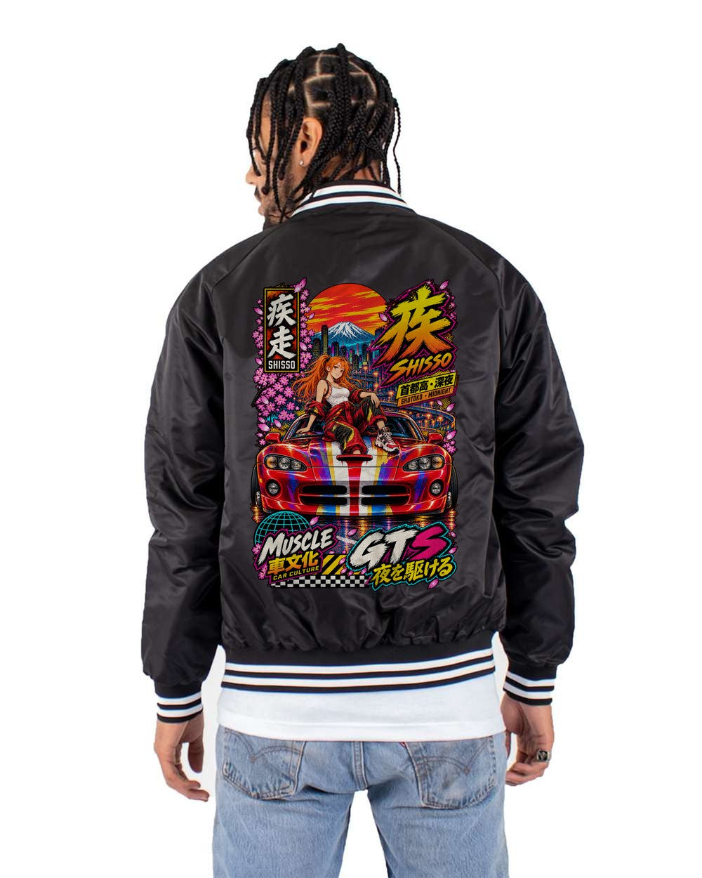 SHISSO GTS full-back artwork black bomber jacket back view with the design