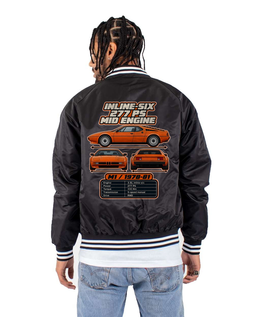 BMW M1 spec sheet black bomber jacket back view with the design