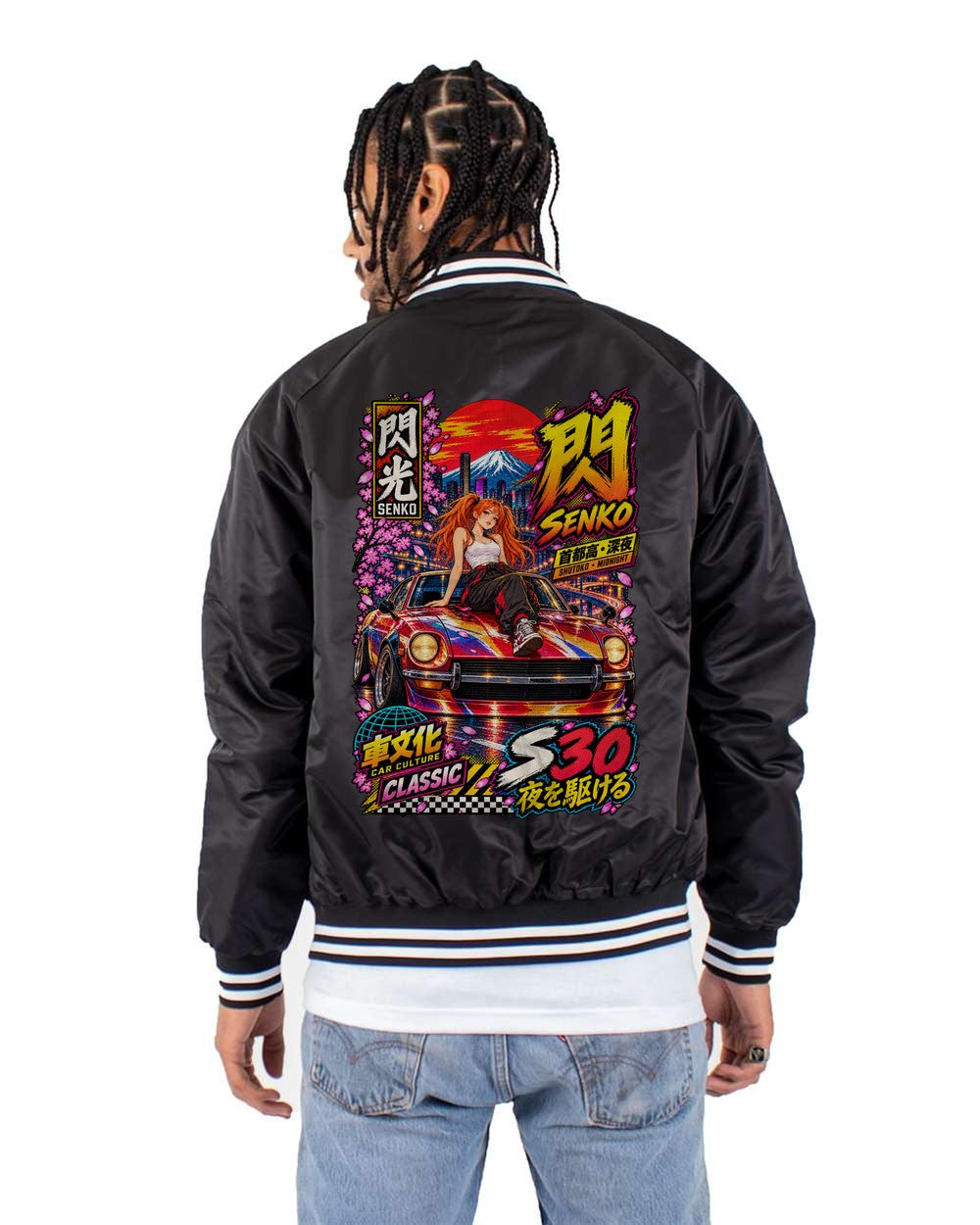 SENKO S30 full-back artwork black bomber jacket back view with the design