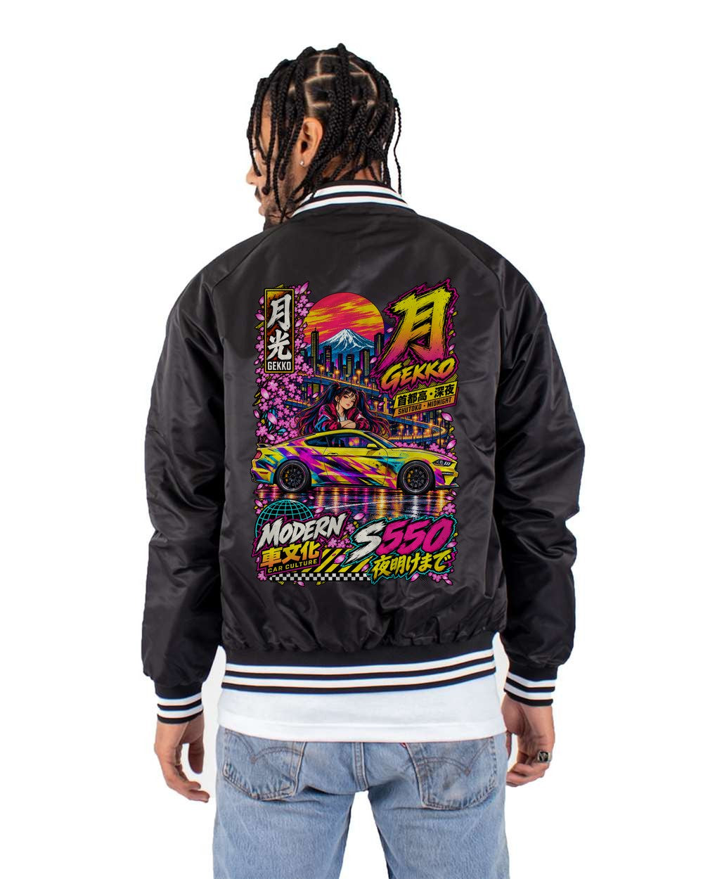 GEKKO S550 full-back artwork black bomber jacket back view with the design