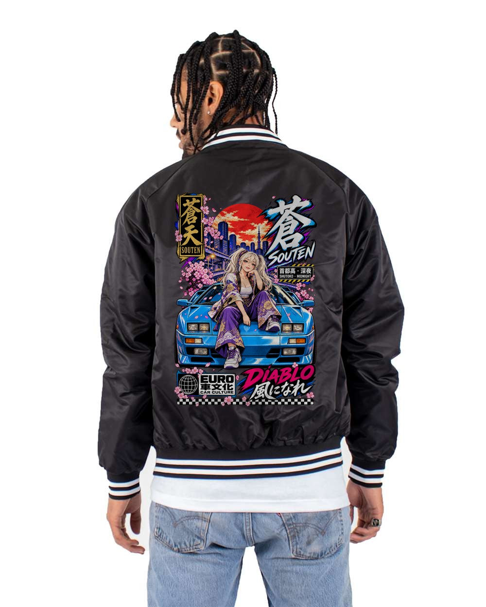 SOUTEN DIABLO full-back artwork black bomber jacket back view with the design