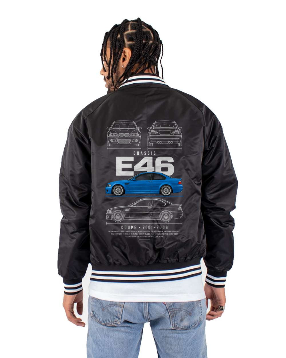 E46 full-back artwork black bomber jacket back view with the design
