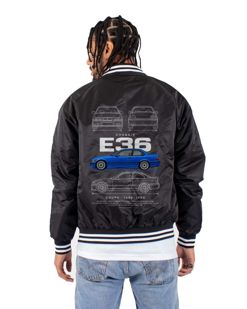 E36 full-back artwork black bomber jacket back view with the design