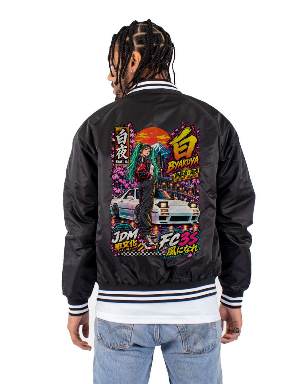 BYAKUYA FC3S full-back artwork black bomber jacket back view with the design