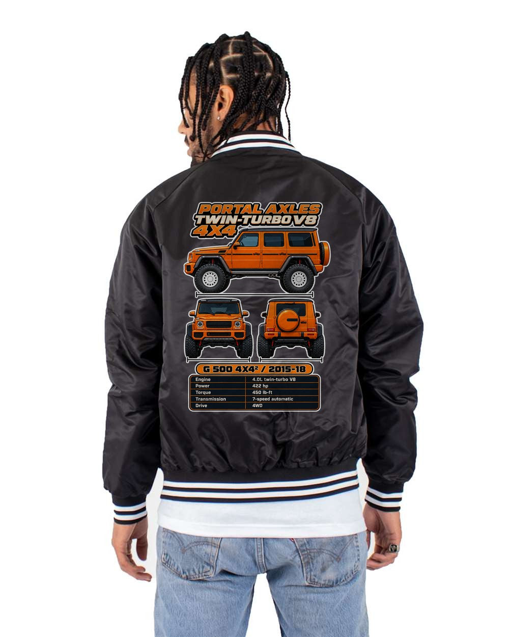 Mercedes G500 4X4 Squared spec sheet black bomber jacket back view with the design