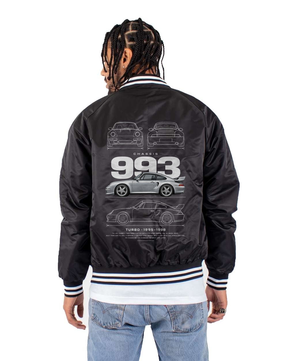 993 full-back artwork black bomber jacket back view with the design