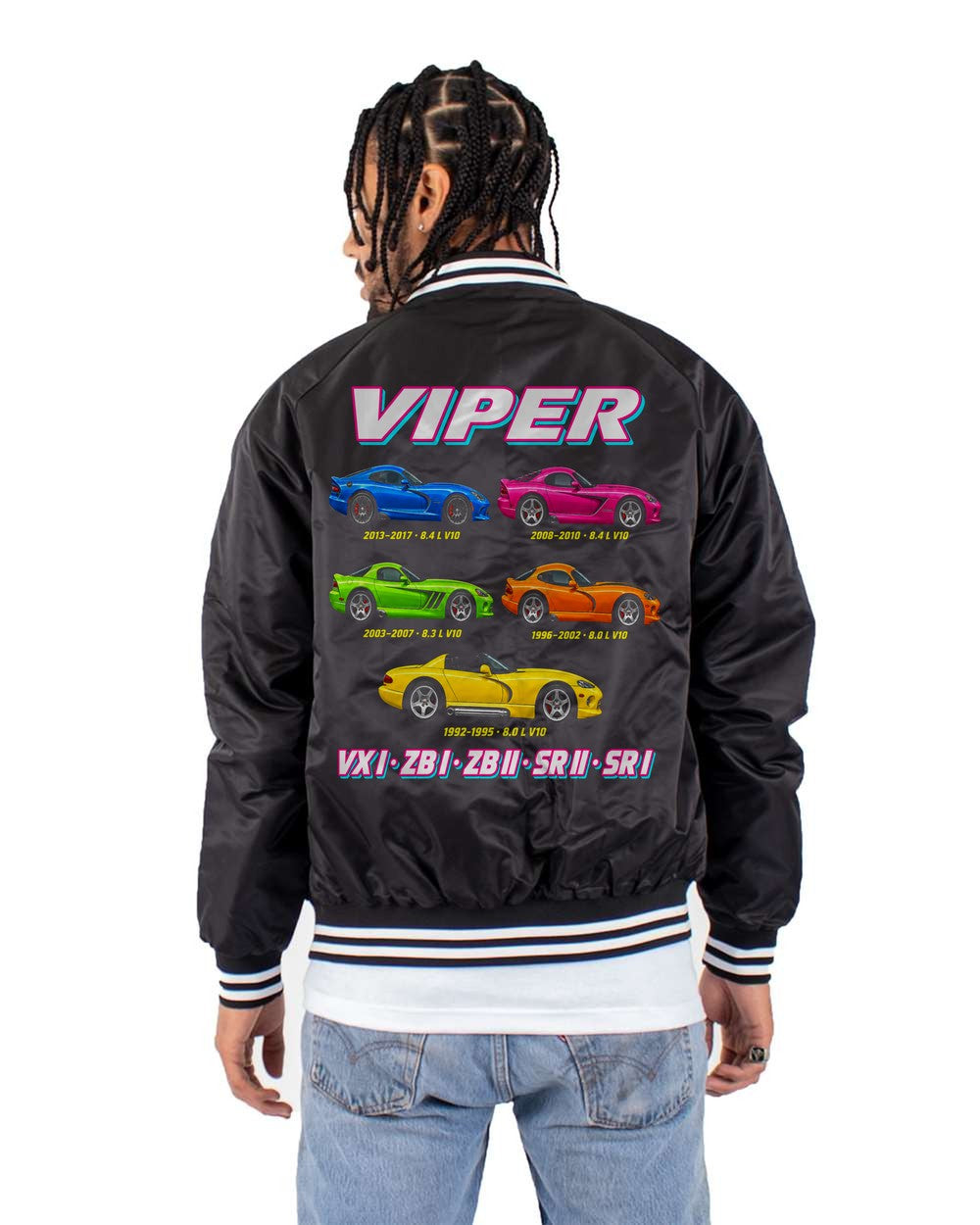 Dodge Viper evolution poster black bomber jacket back view with the design