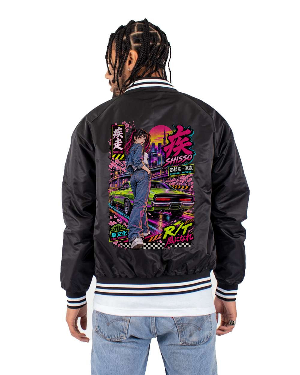 SHISSO R/T full-back artwork black bomber jacket back view with the design