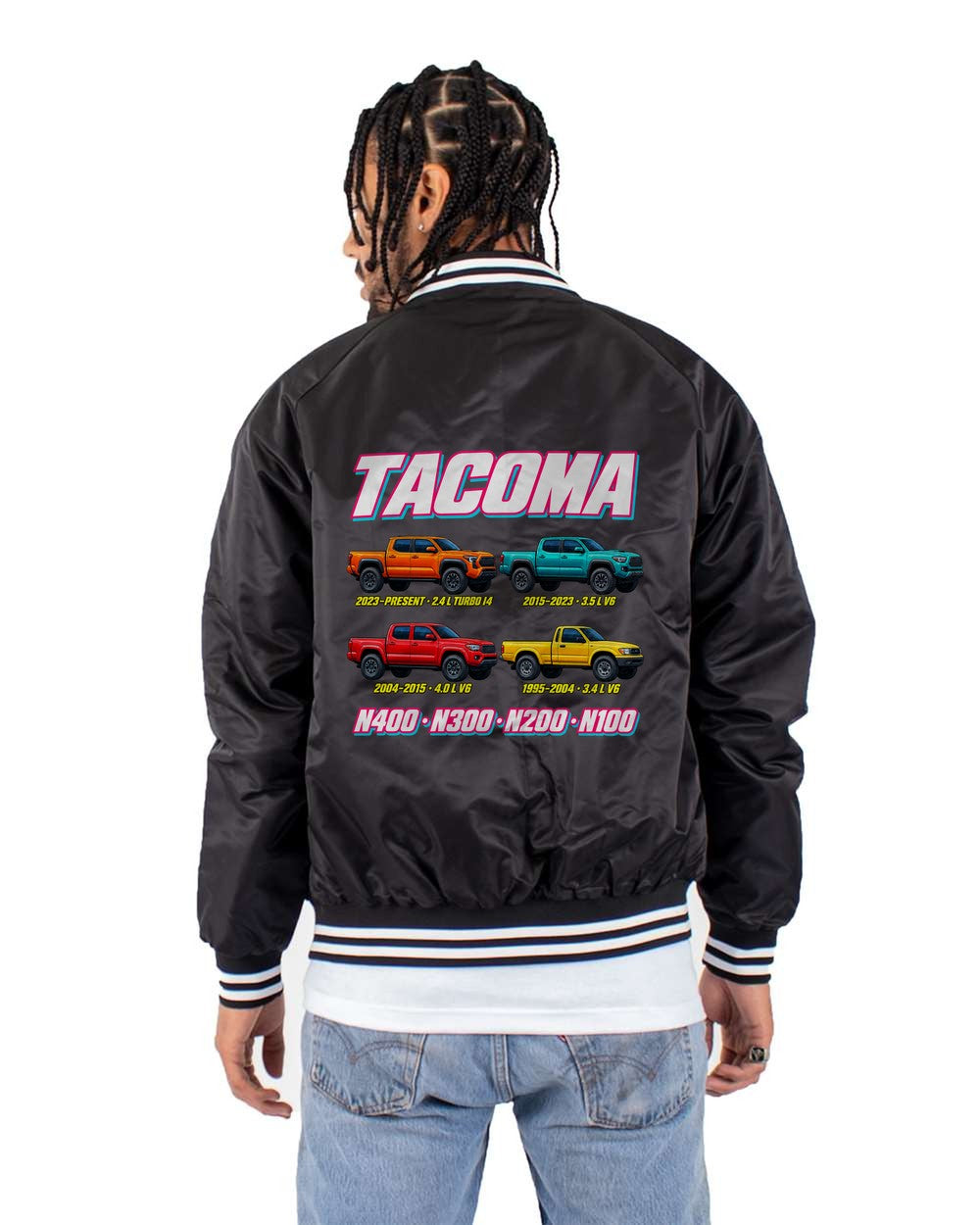 Toyota Tacoma evolution poster black bomber jacket back view with the design