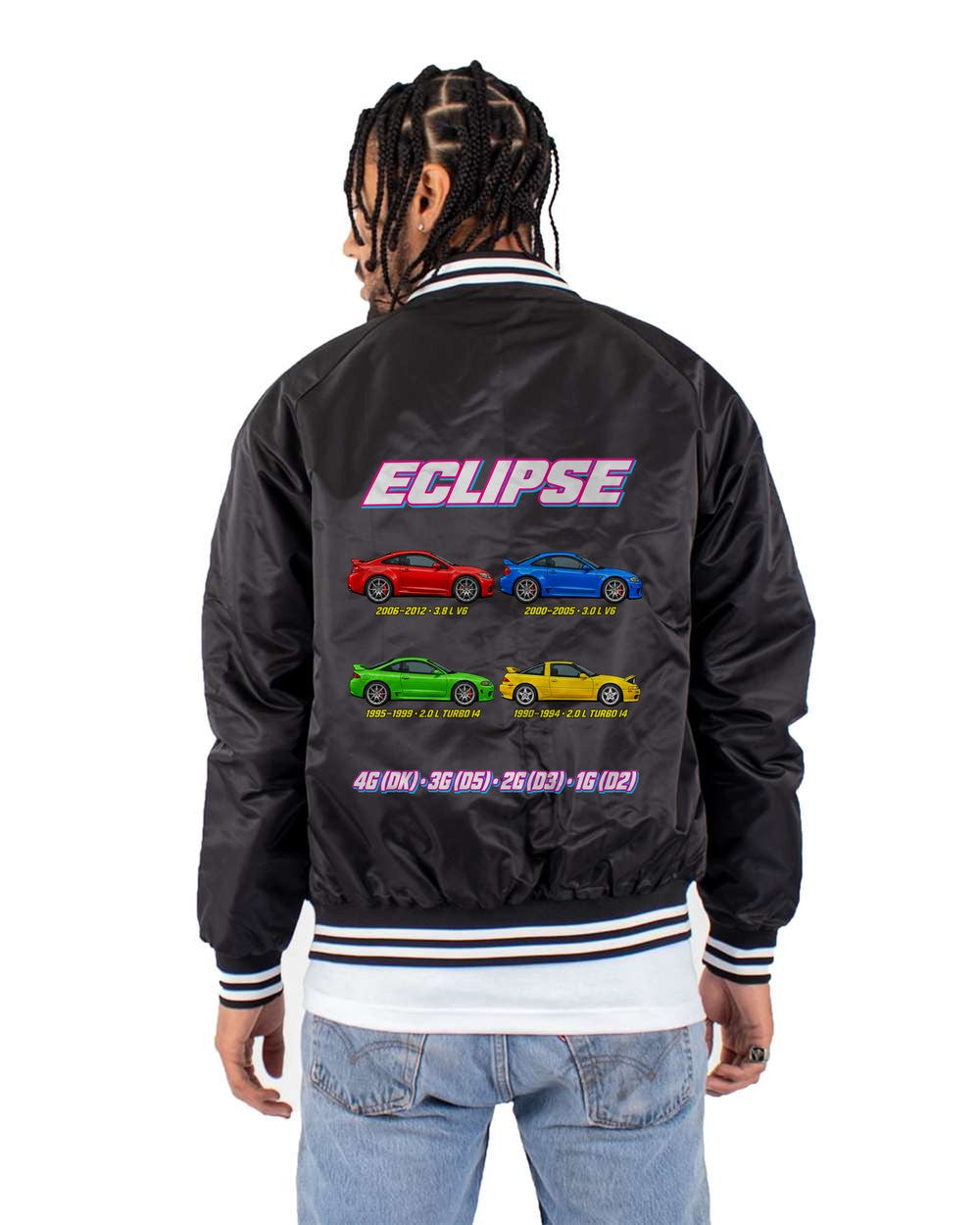 Mitsubishi Eclipse evolution poster black bomber jacket back view with the design