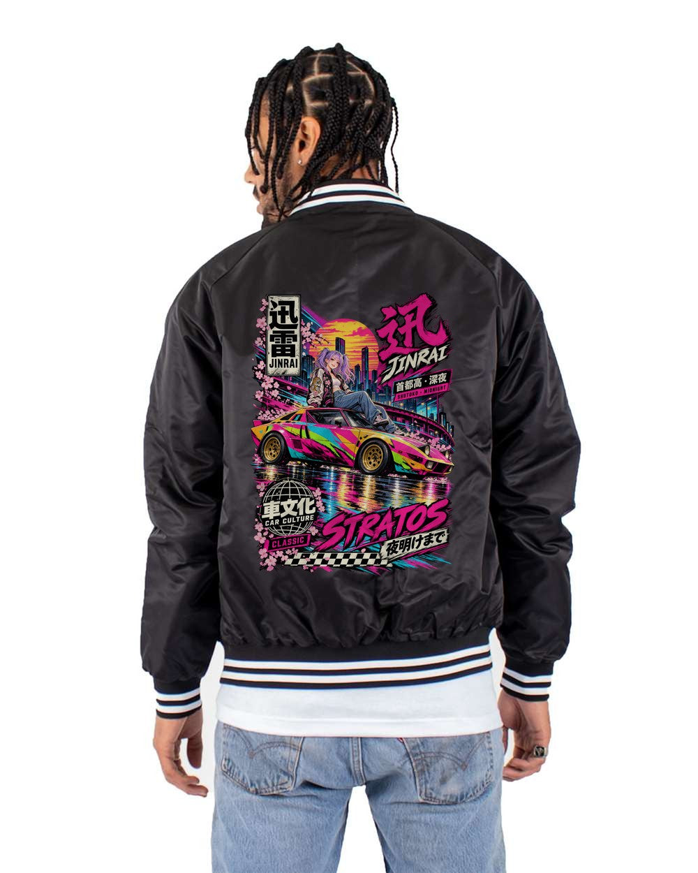 JINRAI STRATOS full-back artwork black bomber jacket back view with the design