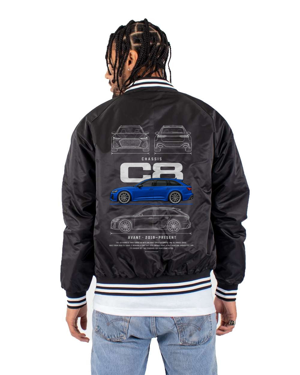 C8 full-back artwork black bomber jacket back view with the design
