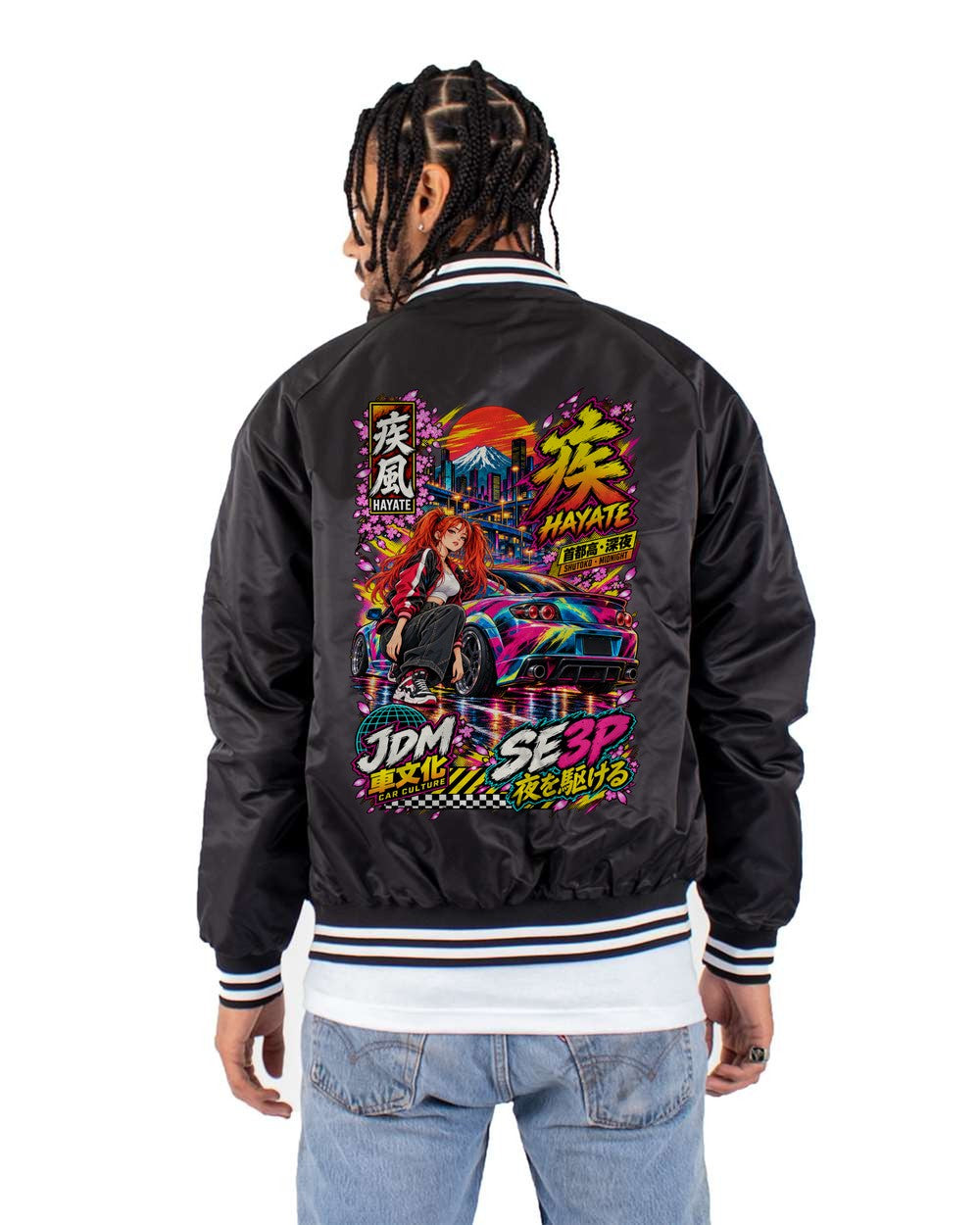 HAYATE SE3P full-back artwork black bomber jacket back view with the design