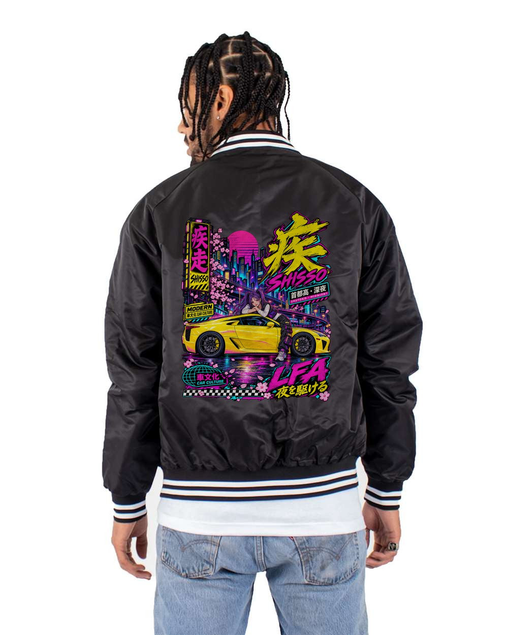 SHISSO LFA full-back artwork black bomber jacket back view with the design