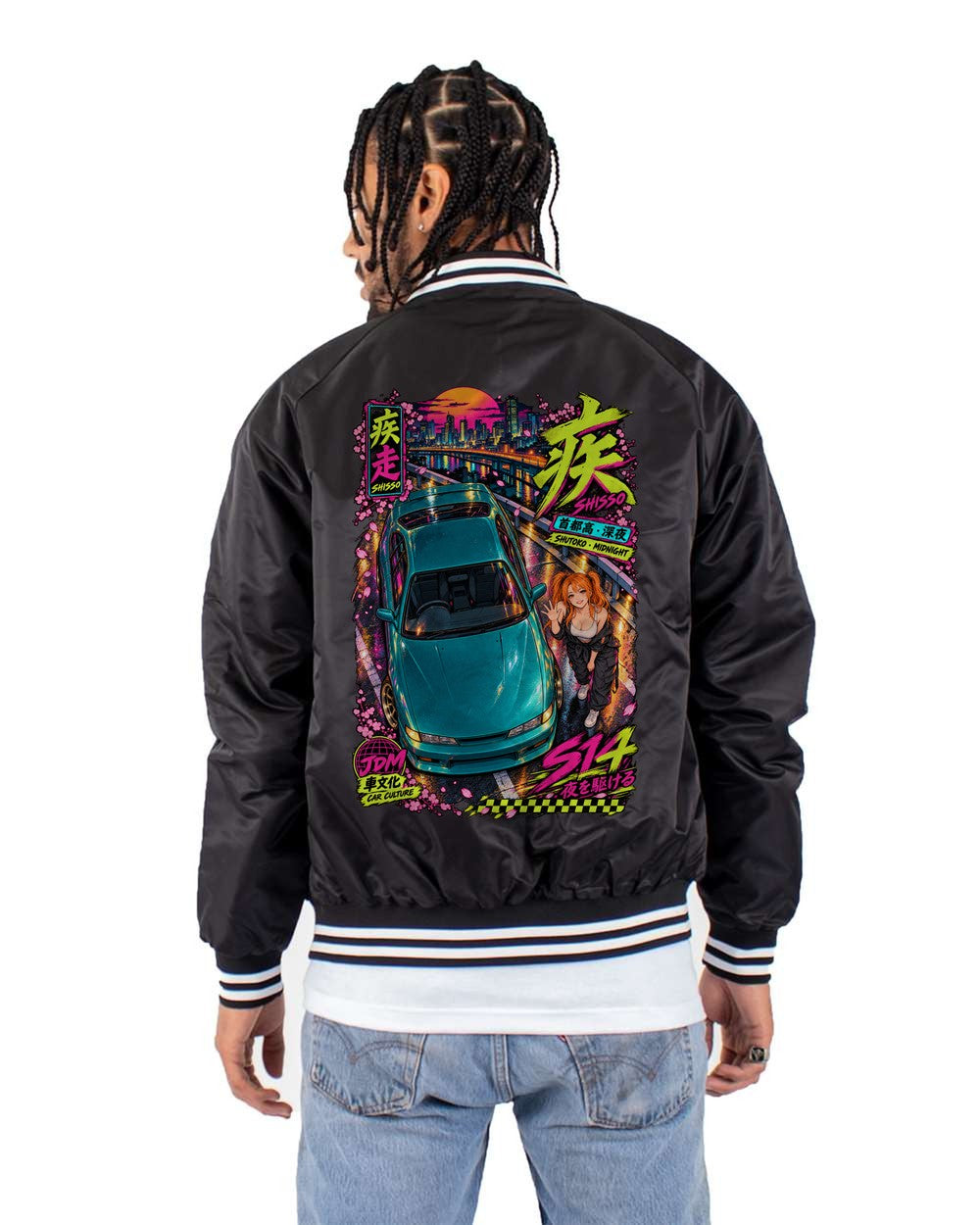 SHISSO S14 full-back artwork black bomber jacket back view with the design