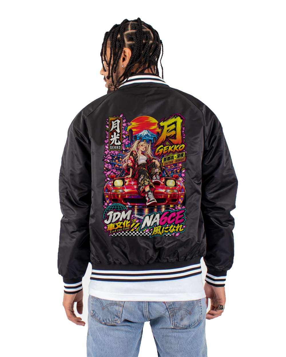 GEKKO NA6CE full-back artwork black bomber jacket back view with the design