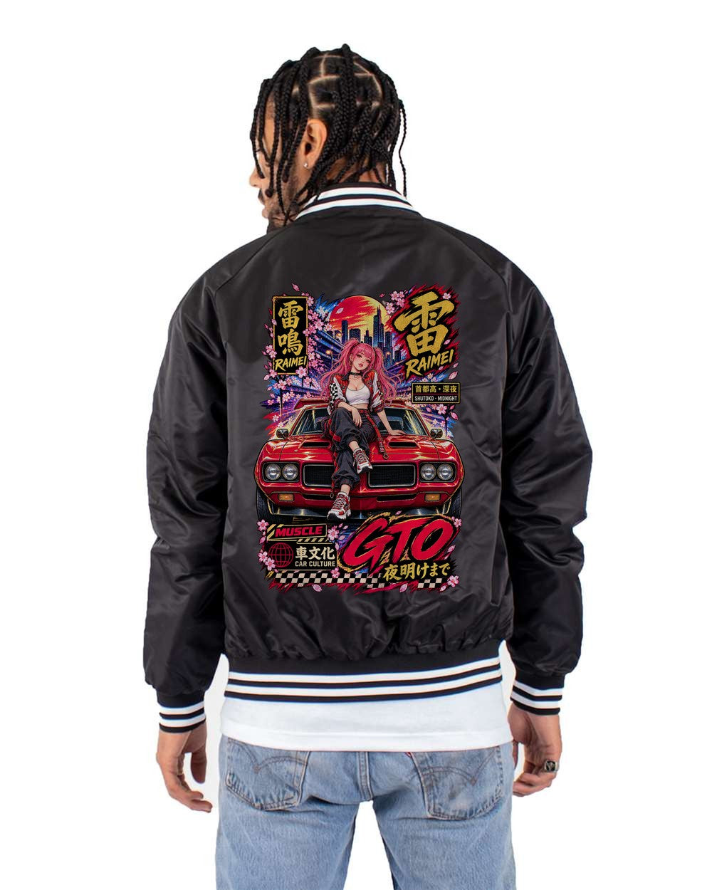 RAIMEI GTO full-back artwork black bomber jacket back view with the design