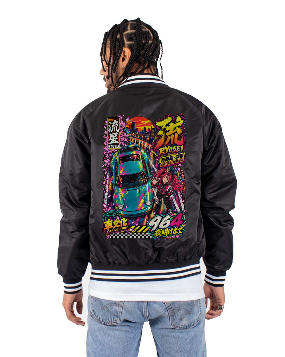 RYUSEI 964 full-back artwork black bomber jacket back view with the design