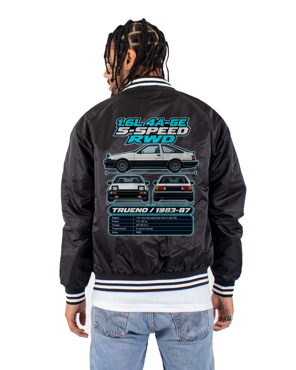 Toyota Ae86 Sprinter Trueno spec sheet black bomber jacket back view with the design
