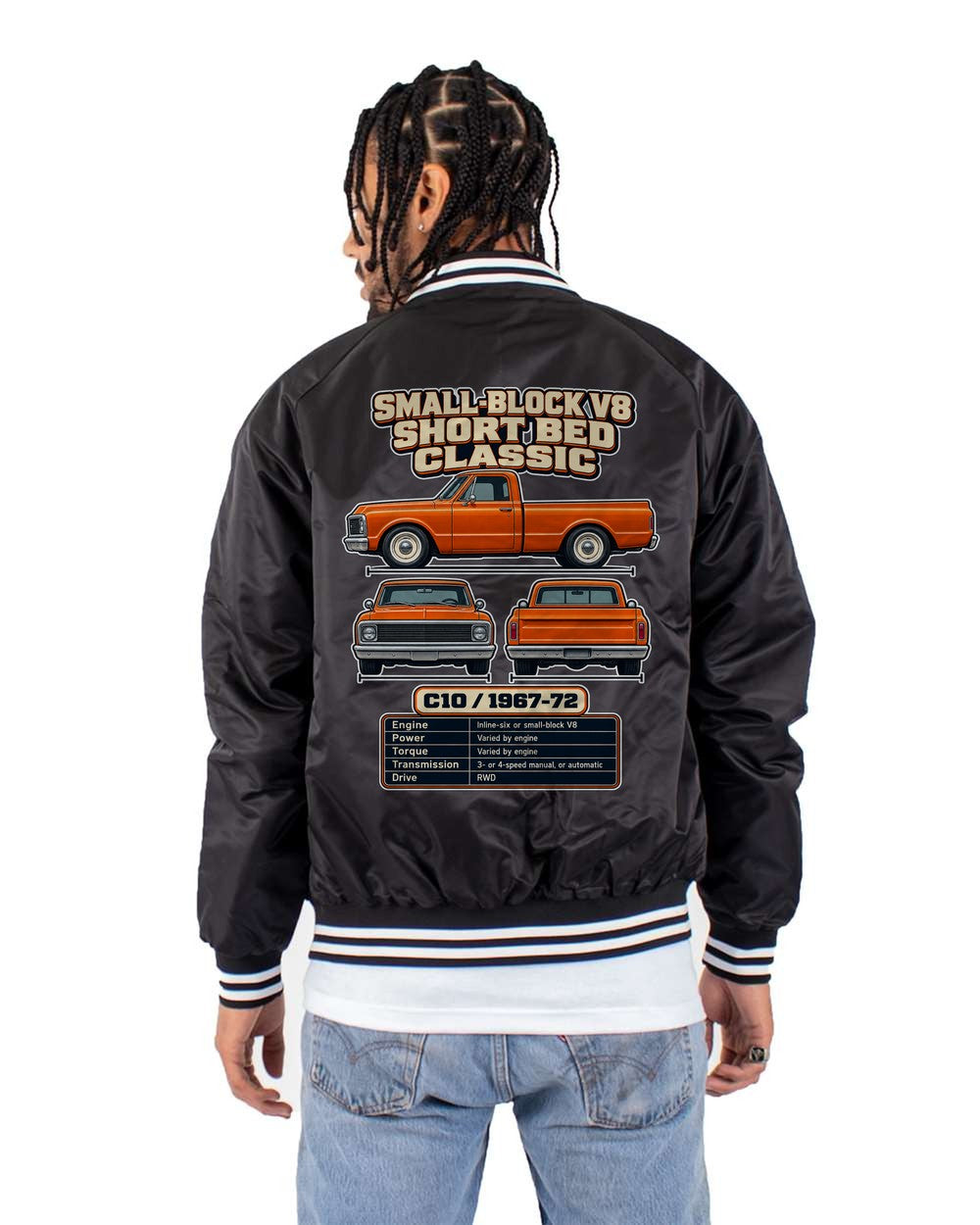 Chevrolet C10 spec sheet black bomber jacket back view with the design