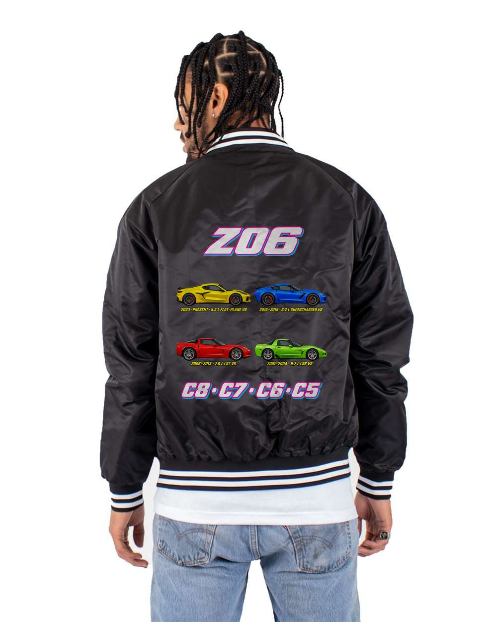 Corvette Z06 evolution poster black bomber jacket back view with the design