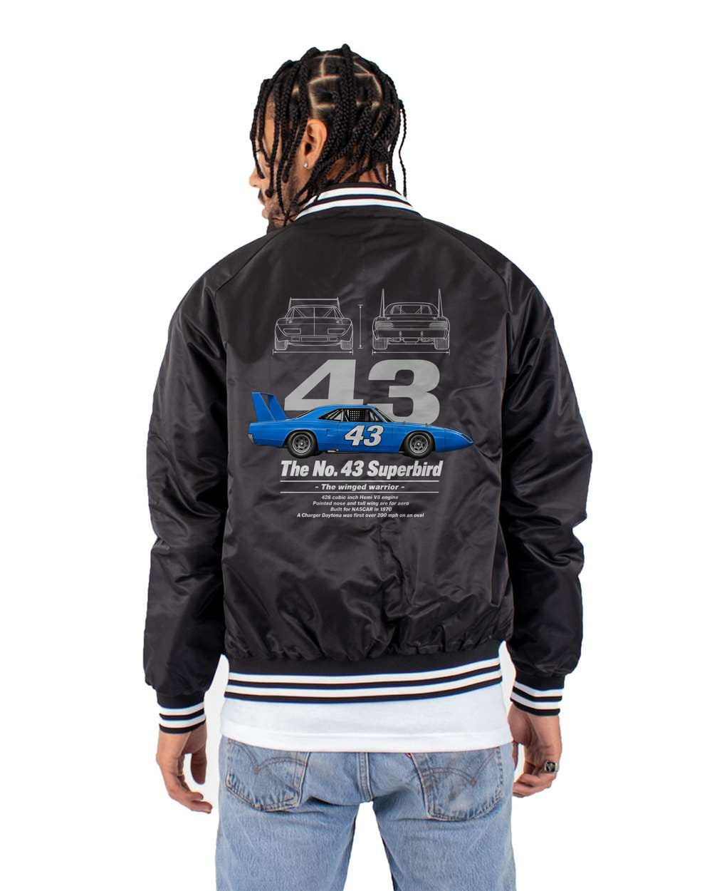 No. 43 Superbird black bomber jacket back view with the design