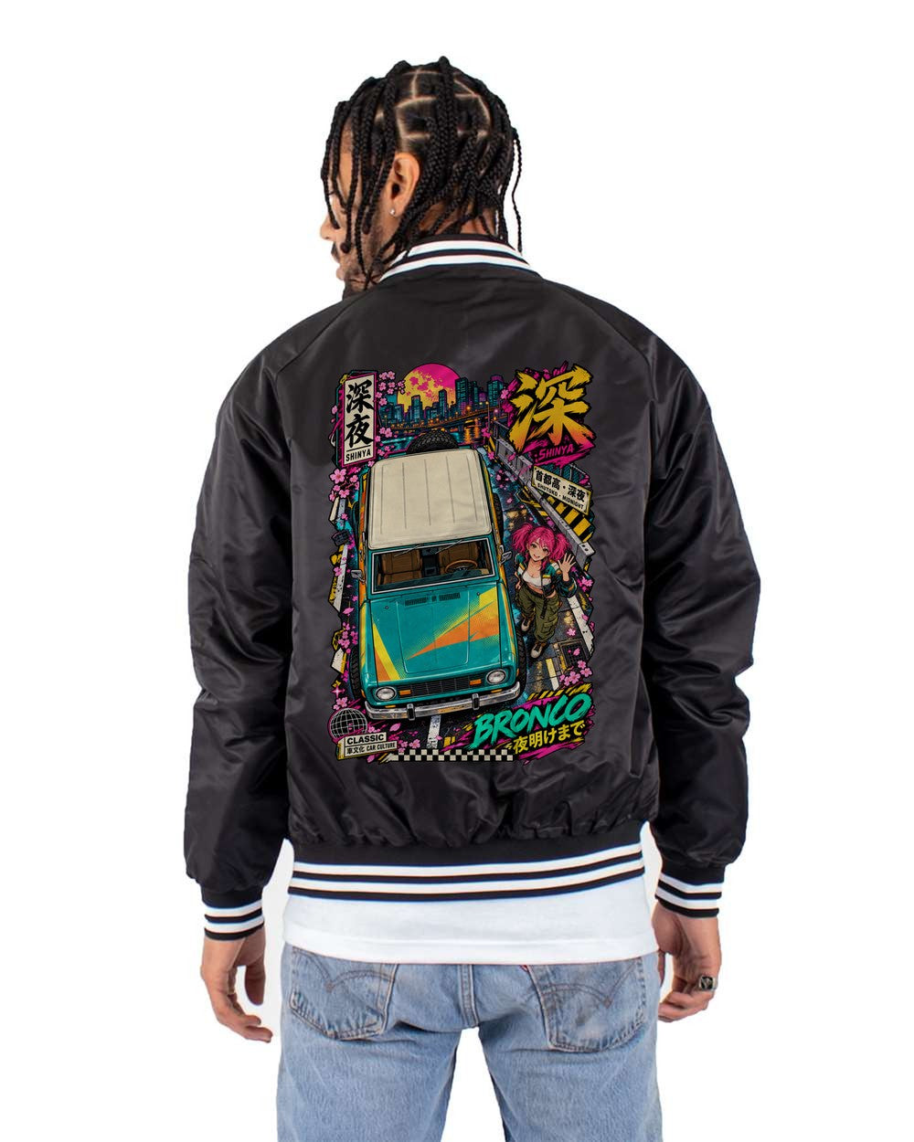 SHINYA BRONCO full-back artwork black bomber jacket back view with the design