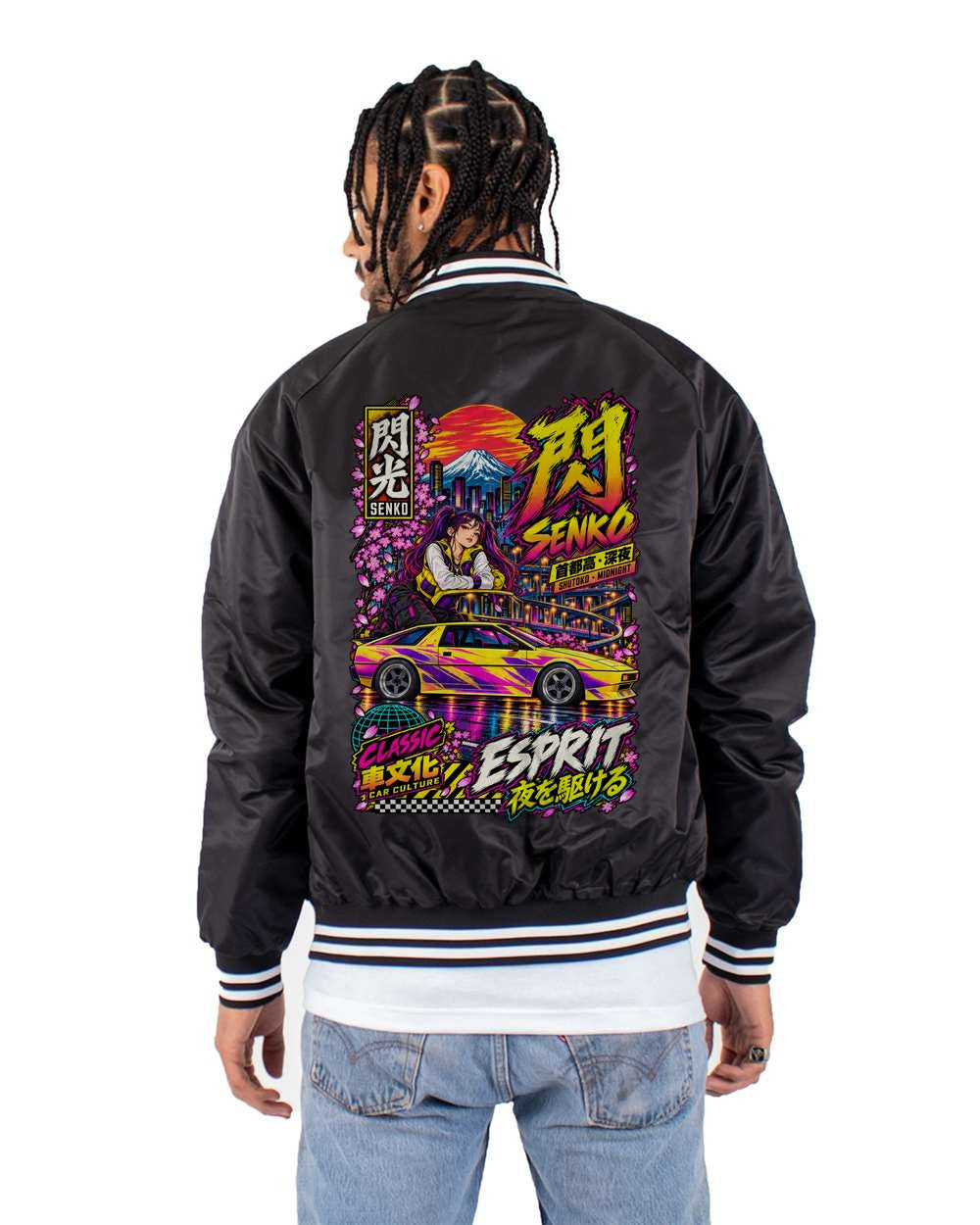 SENKO ESPRIT full-back artwork black bomber jacket back view with the design