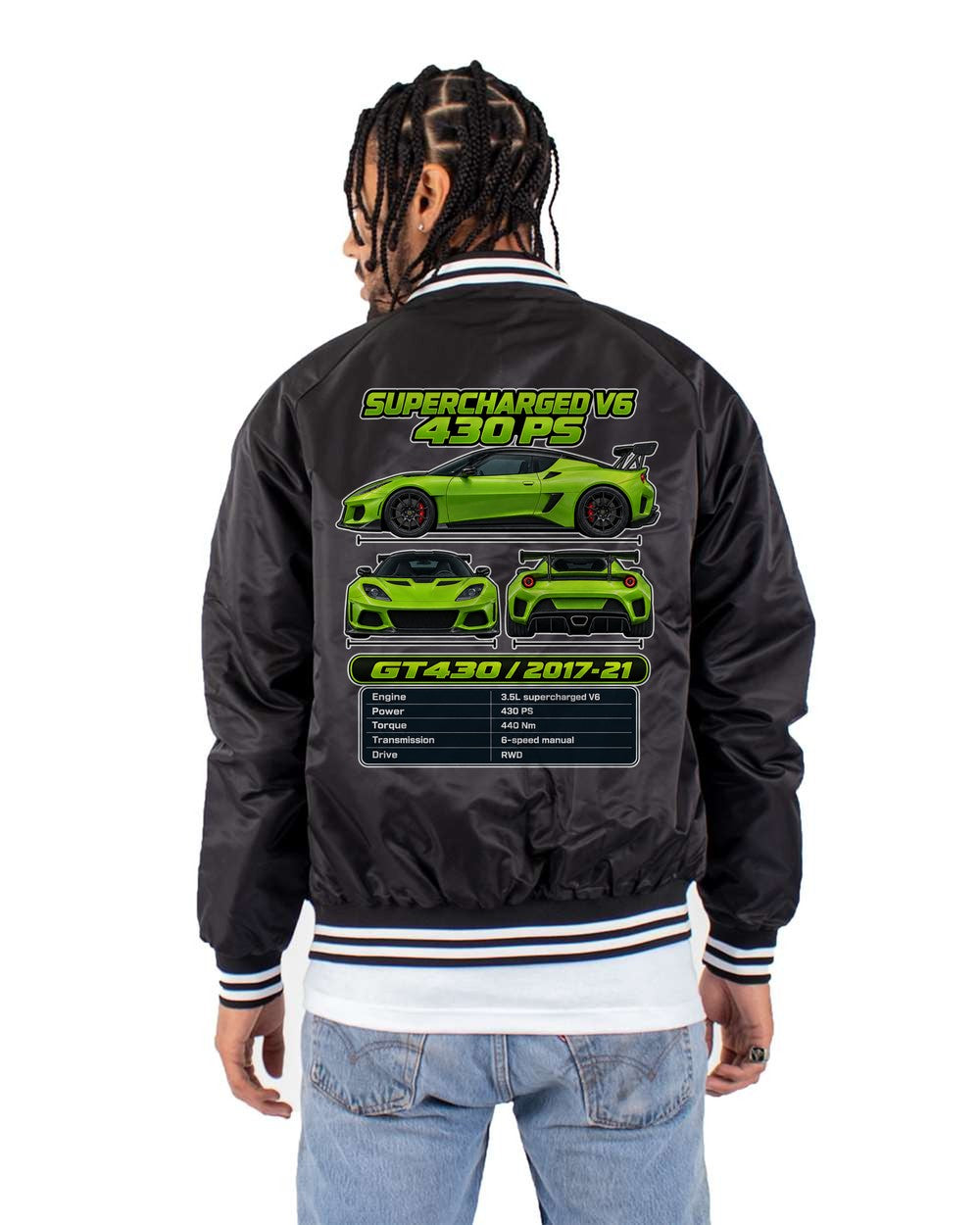 Lotus Evora Gt430 spec sheet black bomber jacket back view with the design