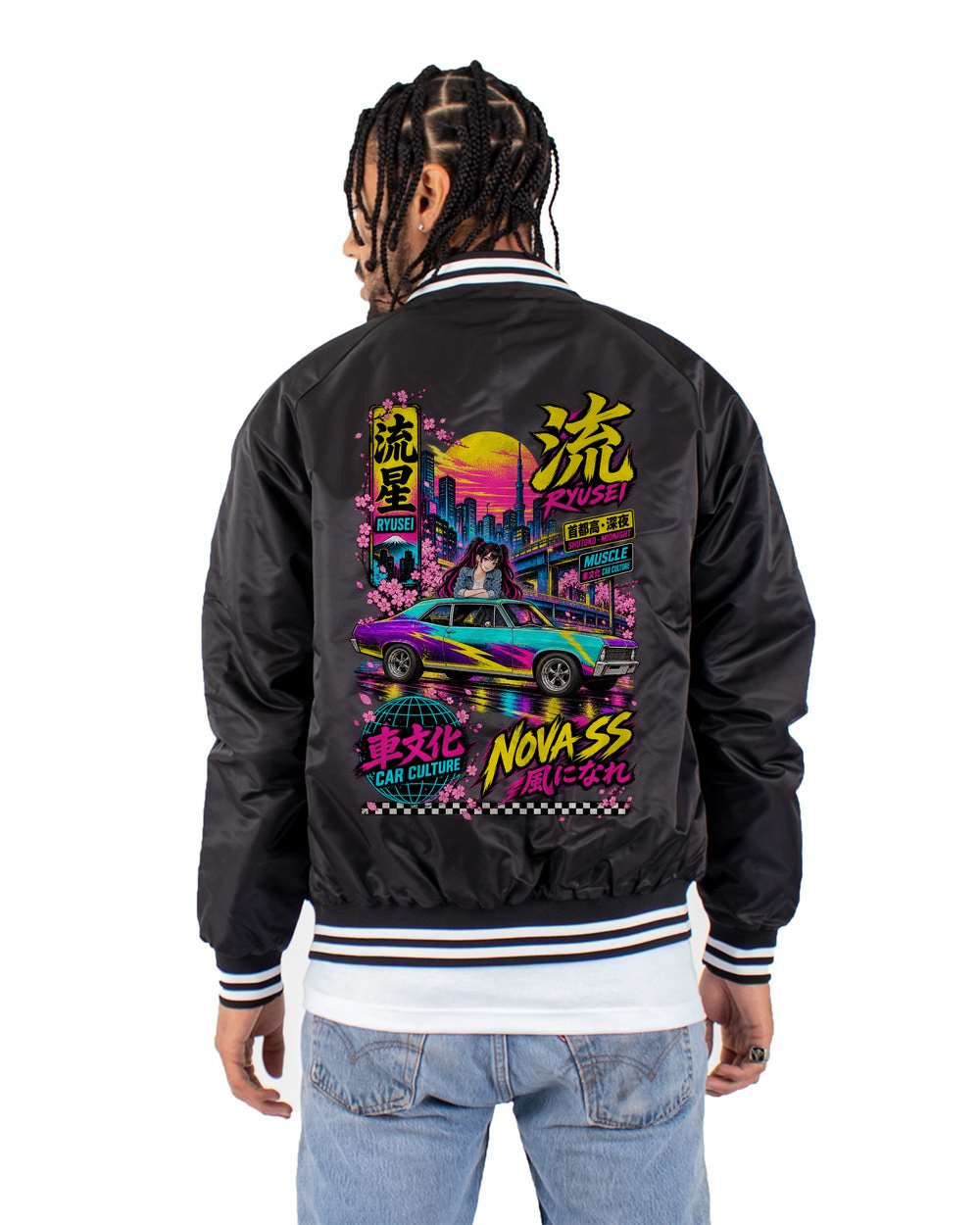 RYUSEI NOVA SS full-back artwork black bomber jacket back view with the design