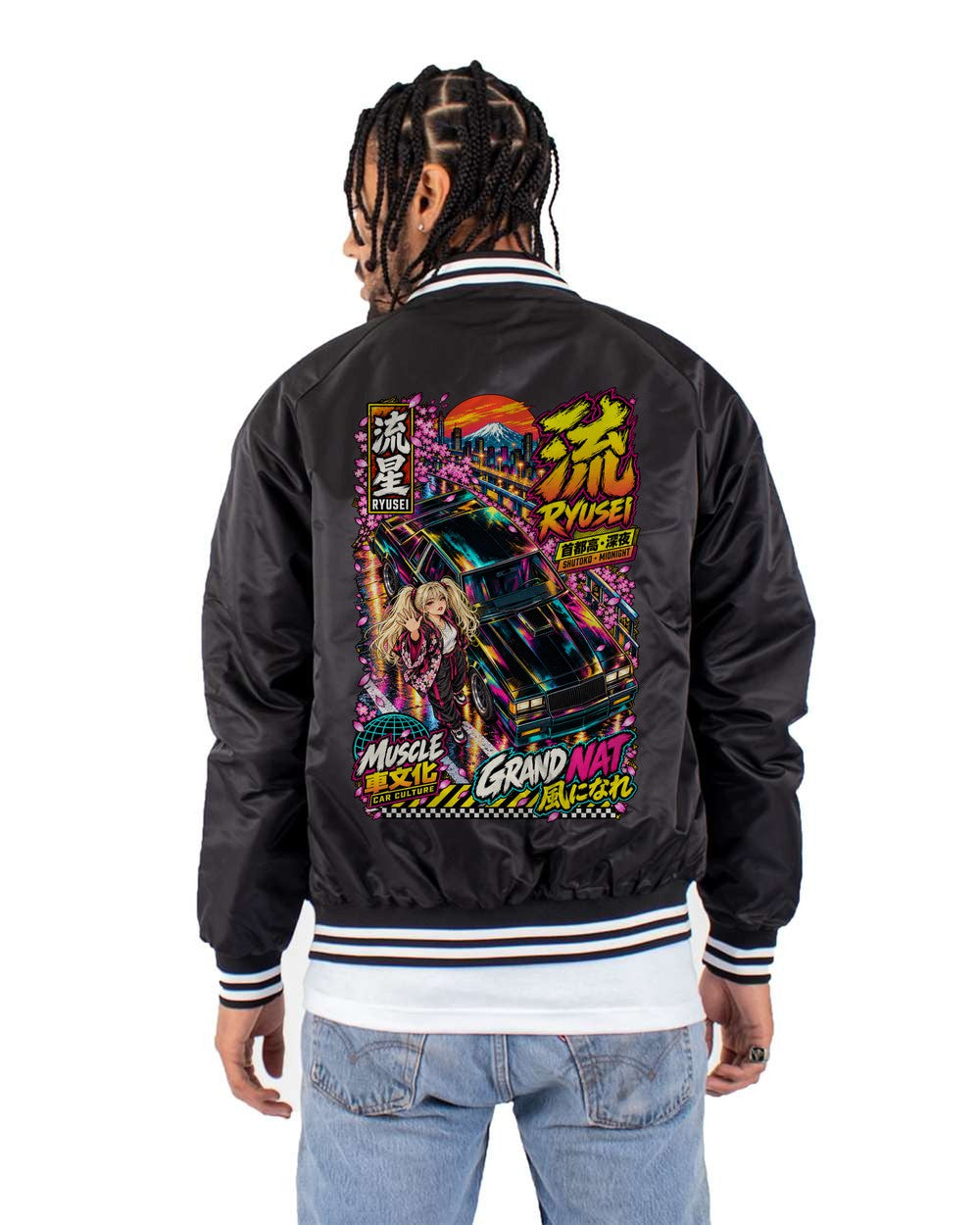 RYUSEI GRAND NAT full-back artwork black bomber jacket back view with the design