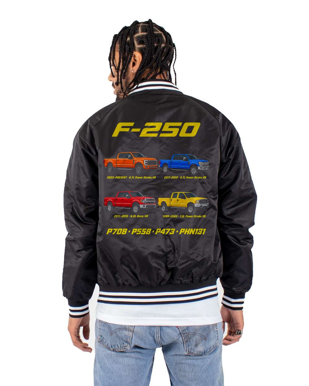 Ford F-250 Super Duty evolution poster black bomber jacket back view with the design