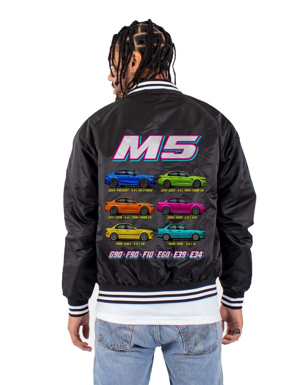 BMW M5 evolution poster black bomber jacket back view with the design