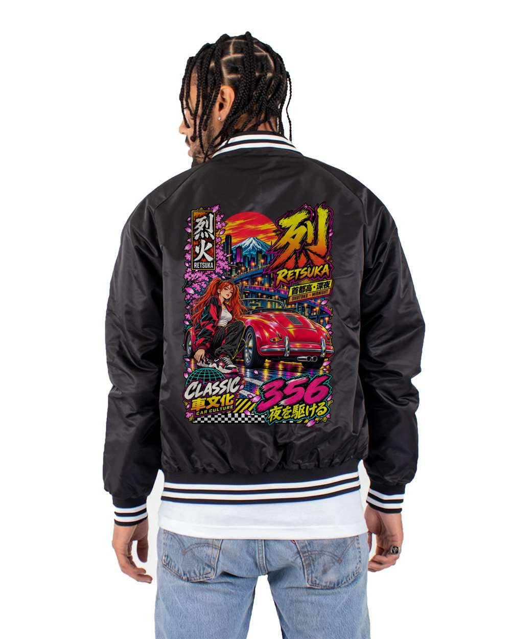 RETSUKA 356 full-back artwork black bomber jacket back view with the design