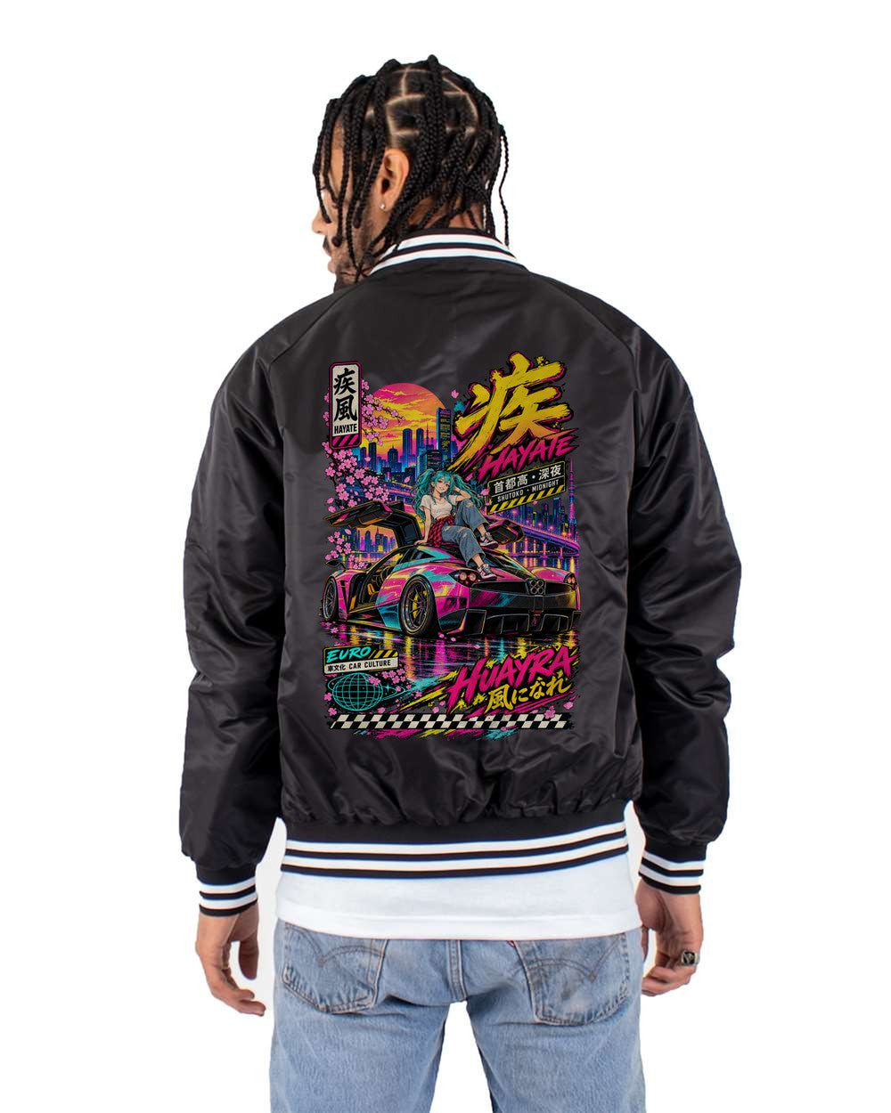 HAYATE HUAYRA full-back artwork black bomber jacket back view with the design