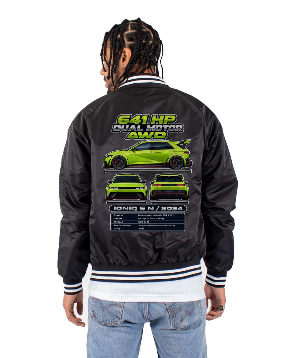 Hyundai Ioniq 5 N spec sheet black bomber jacket back view with the design