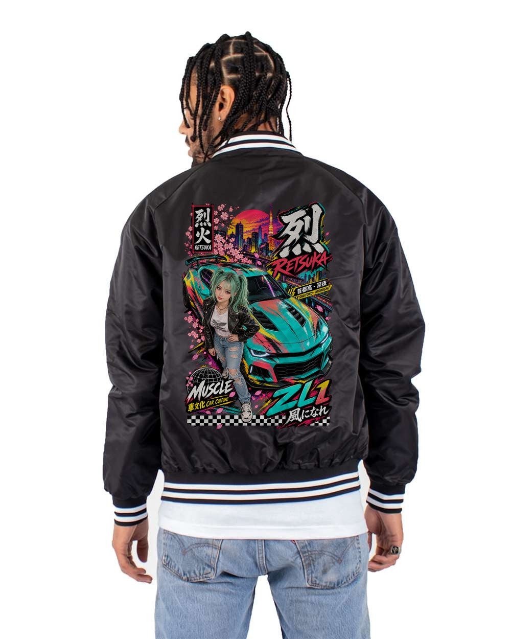 RETSUKA ZL1 full-back artwork black bomber jacket back view with the design