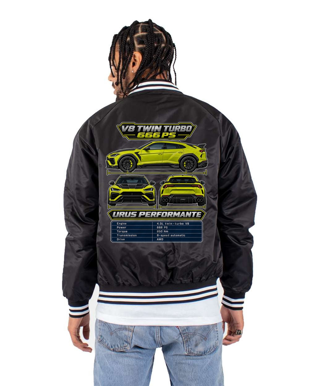 Lamborghini Urus Performante spec sheet black bomber jacket back view with the design