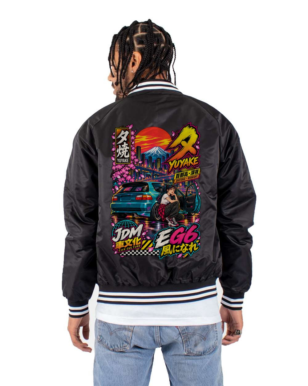 YUYAKE EG6 full-back artwork black bomber jacket back view with the design
