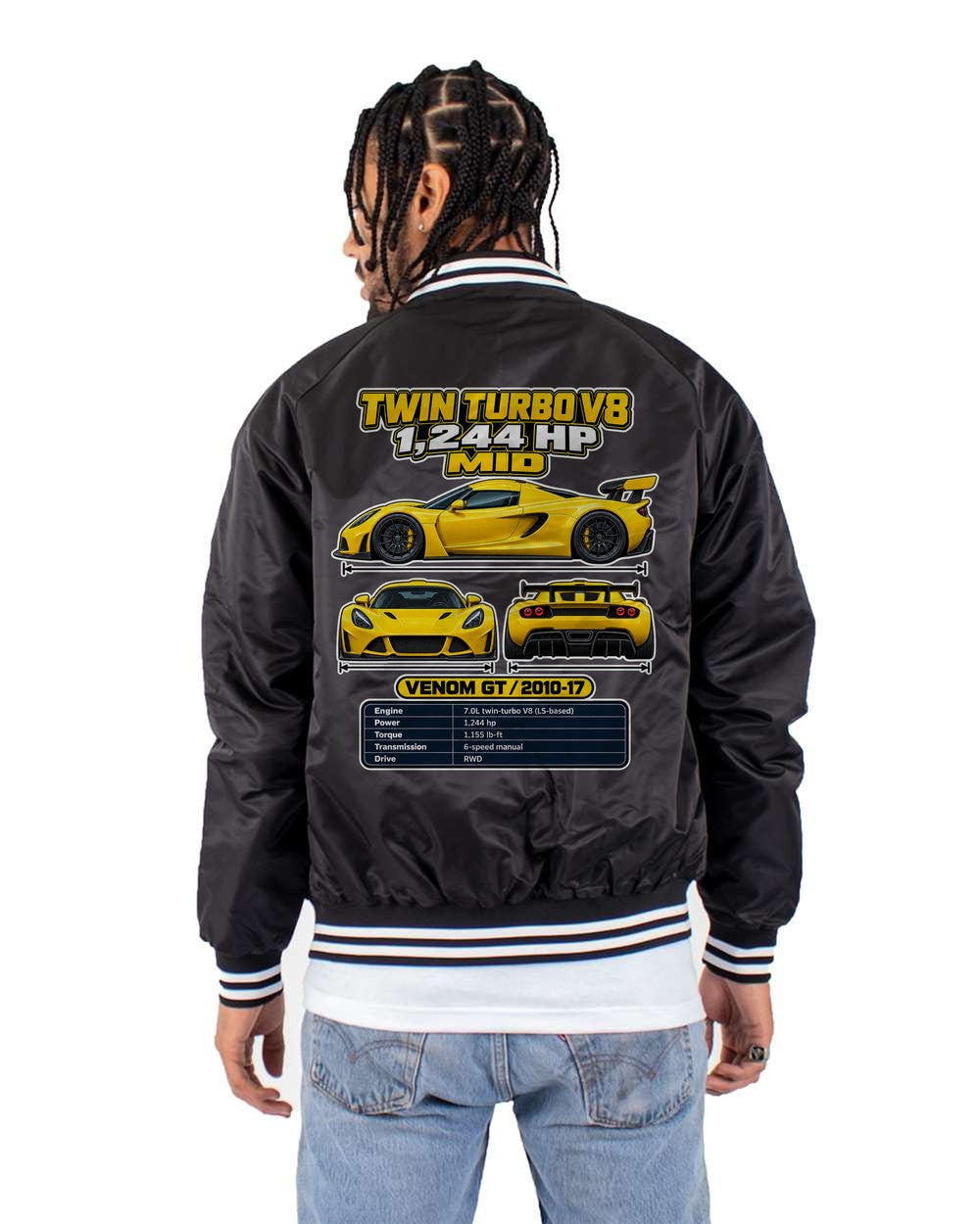 Hennessey Venom Gt spec sheet black bomber jacket back view with the design