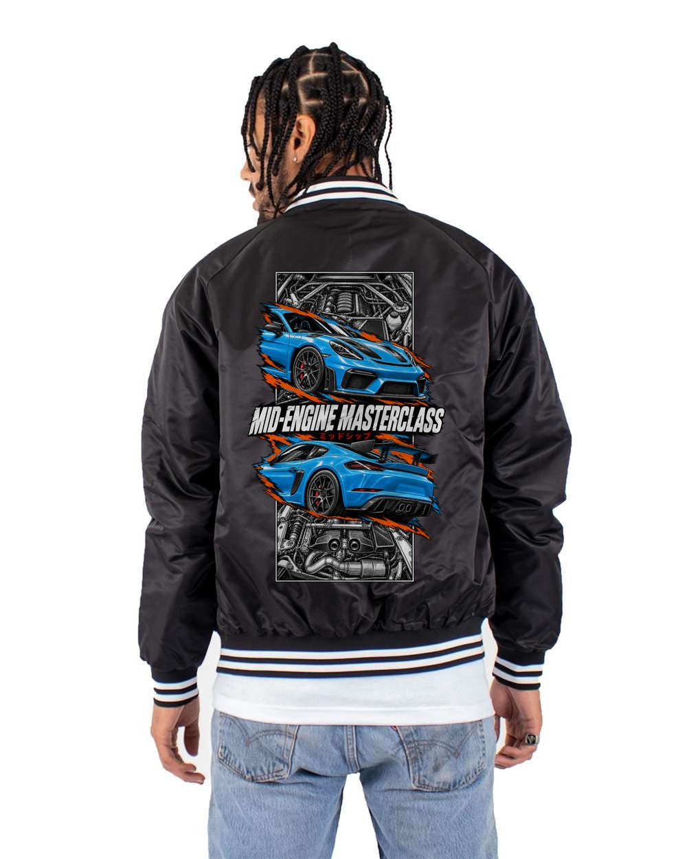 Porsche 718 Gt4 torn poster black bomber jacket back view with the design