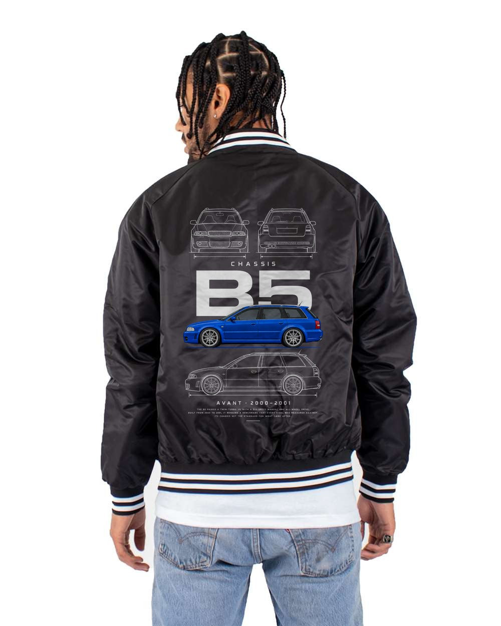 B5 full-back artwork black bomber jacket back view with the design