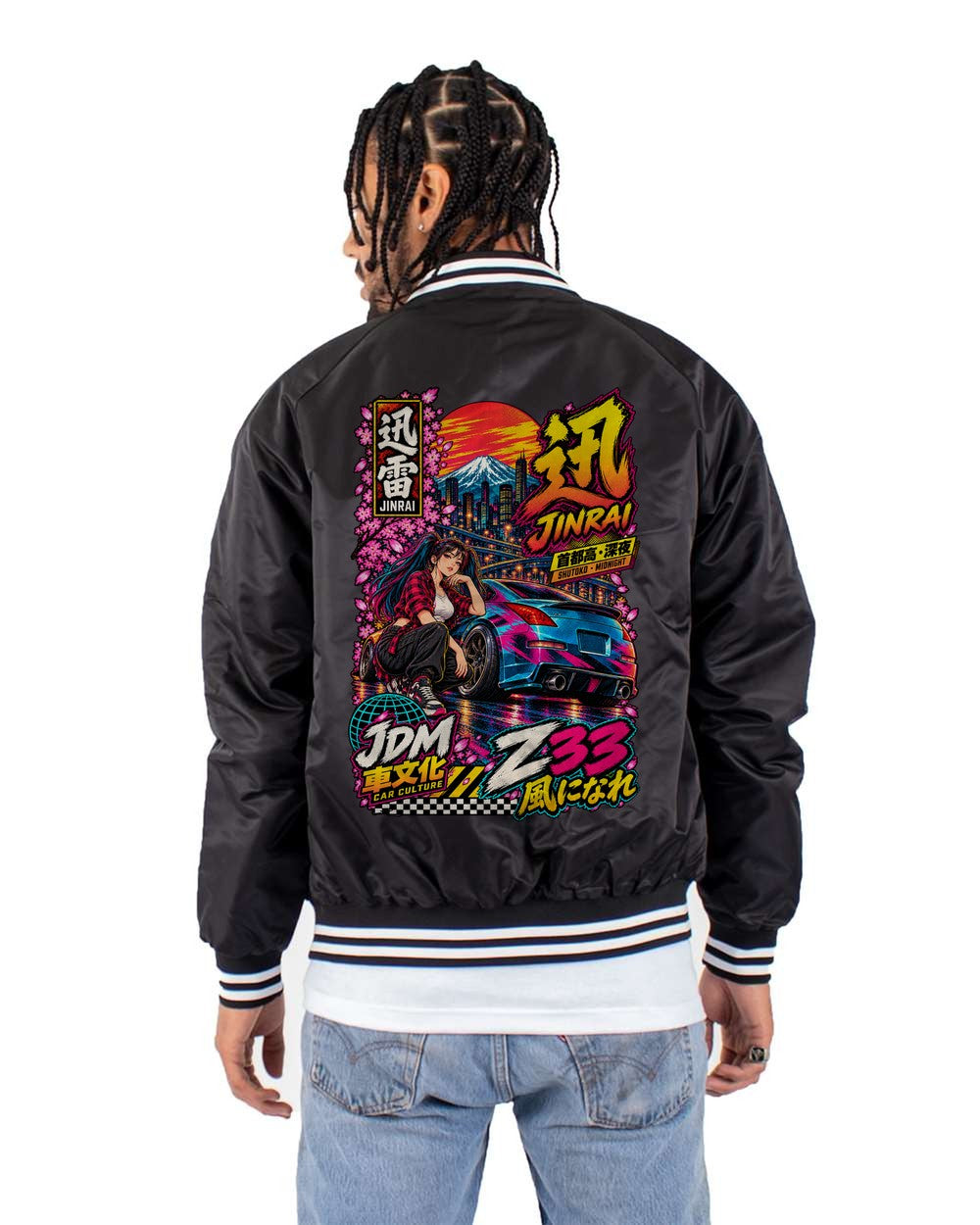 JINRAI Z33 full-back artwork black bomber jacket back view with the design