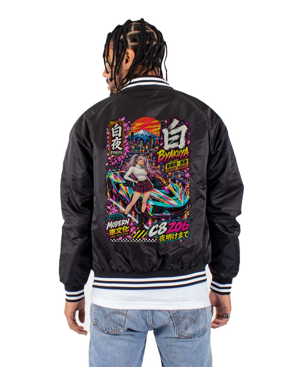 BYAKUYA C8 Z06 full-back artwork black bomber jacket back view with the design