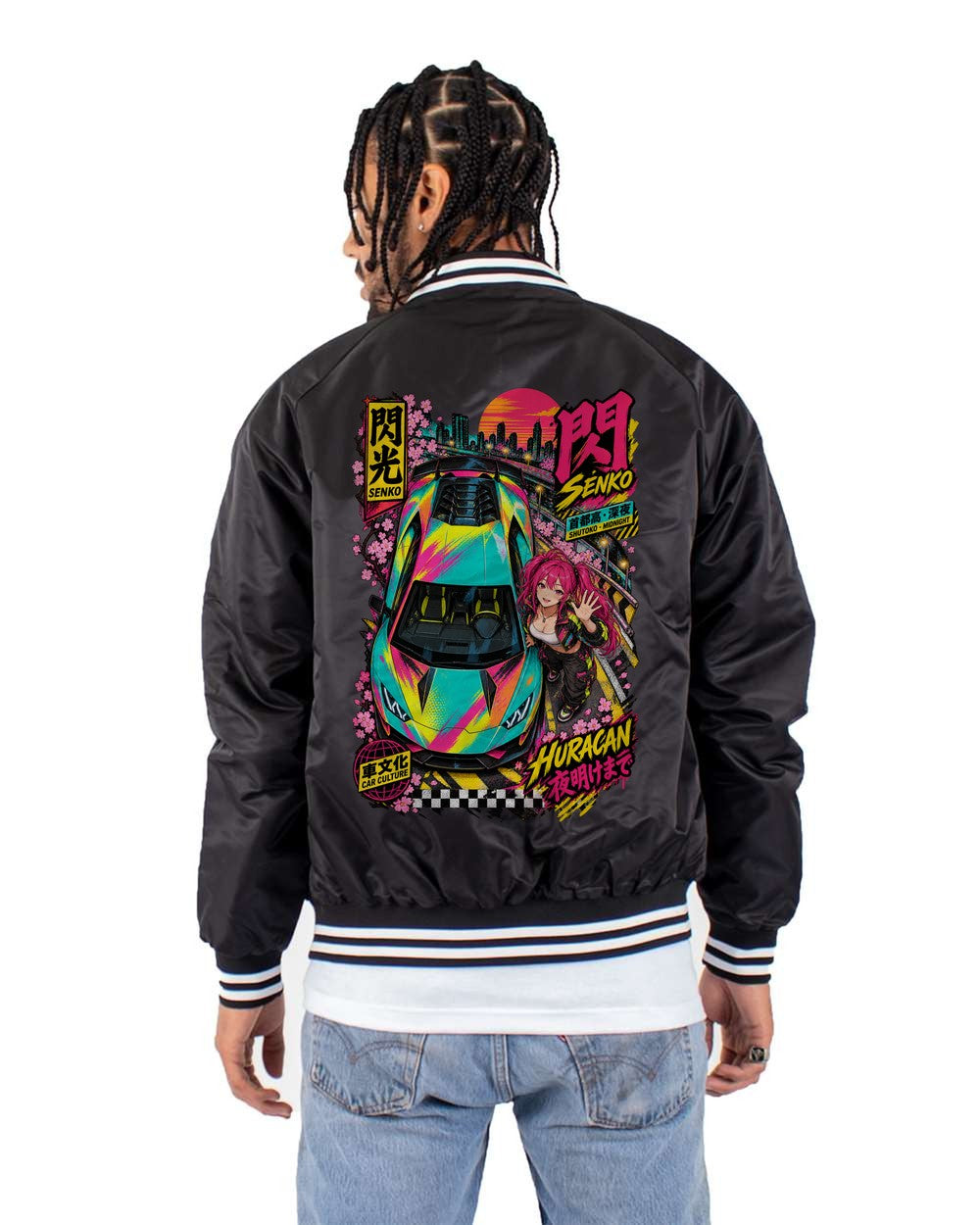 SENKO HURACAN full-back artwork black bomber jacket back view with the design