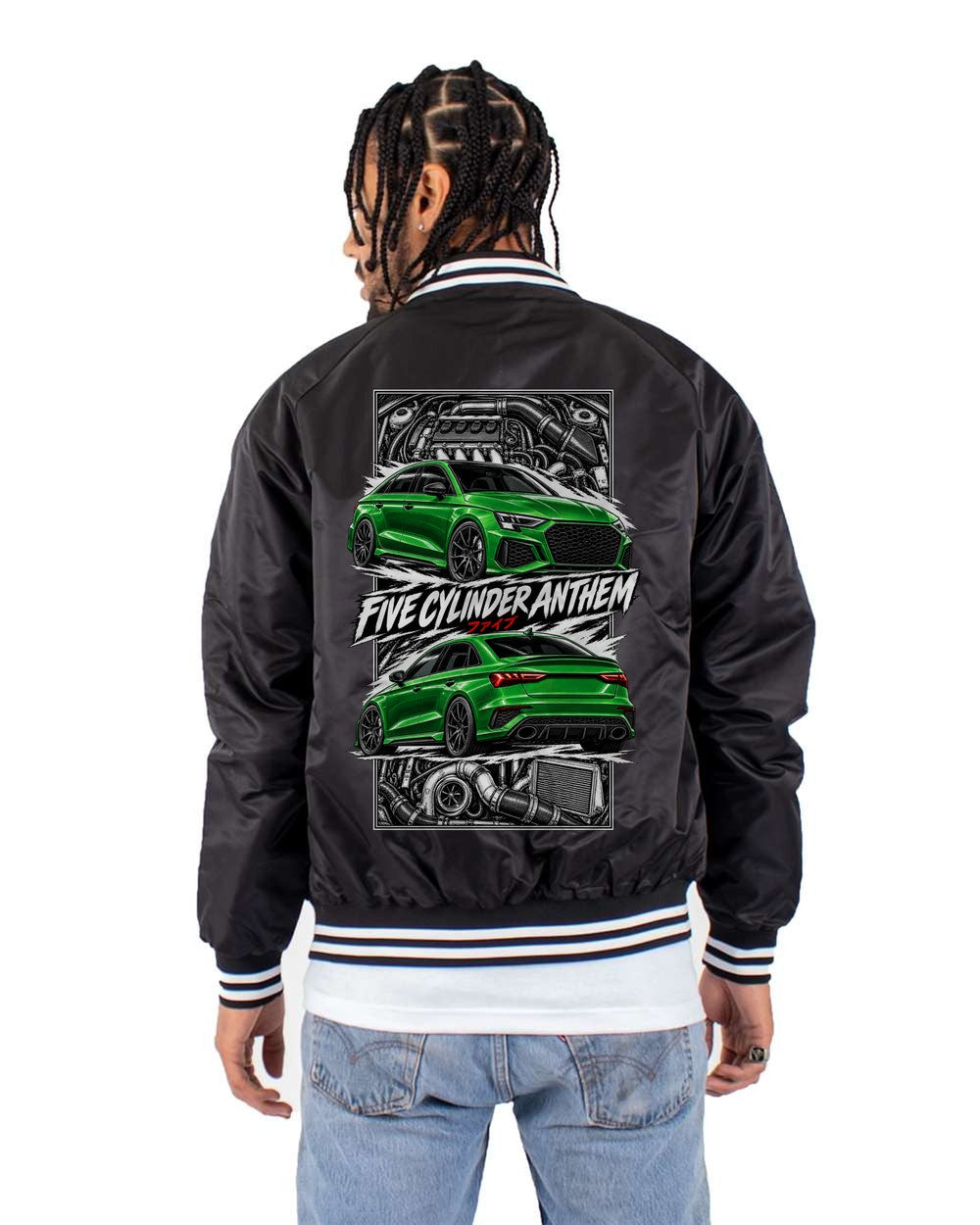 Audi Rs3 torn poster black bomber jacket back view with the design