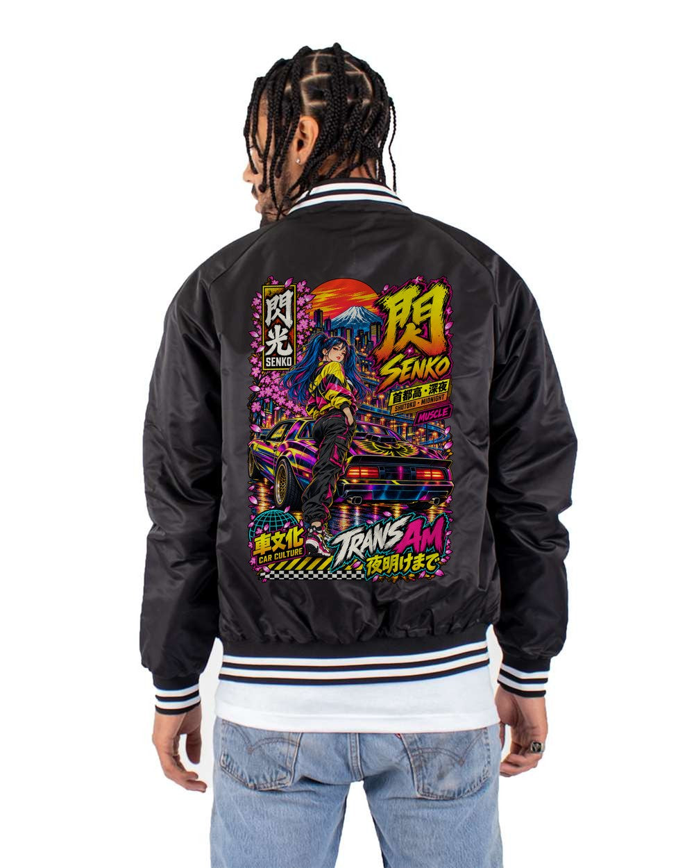 SENKO TRANS AM full-back artwork black bomber jacket back view with the design