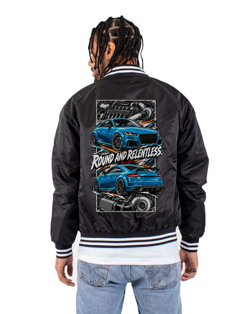 Audi Tt Rs torn poster black bomber jacket back view with the design