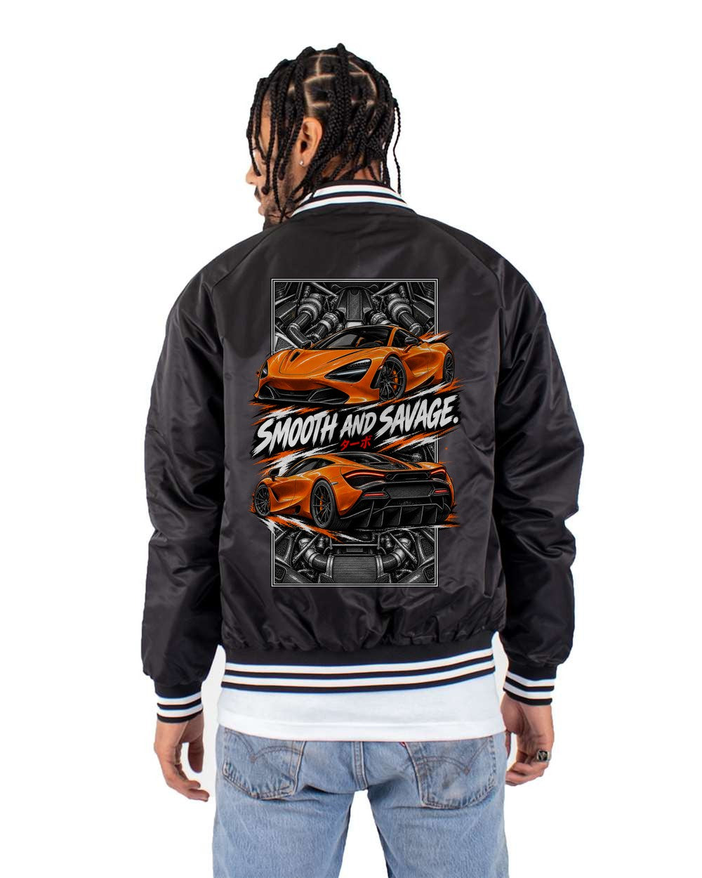 Mclaren 720S torn poster black bomber jacket back view with the design