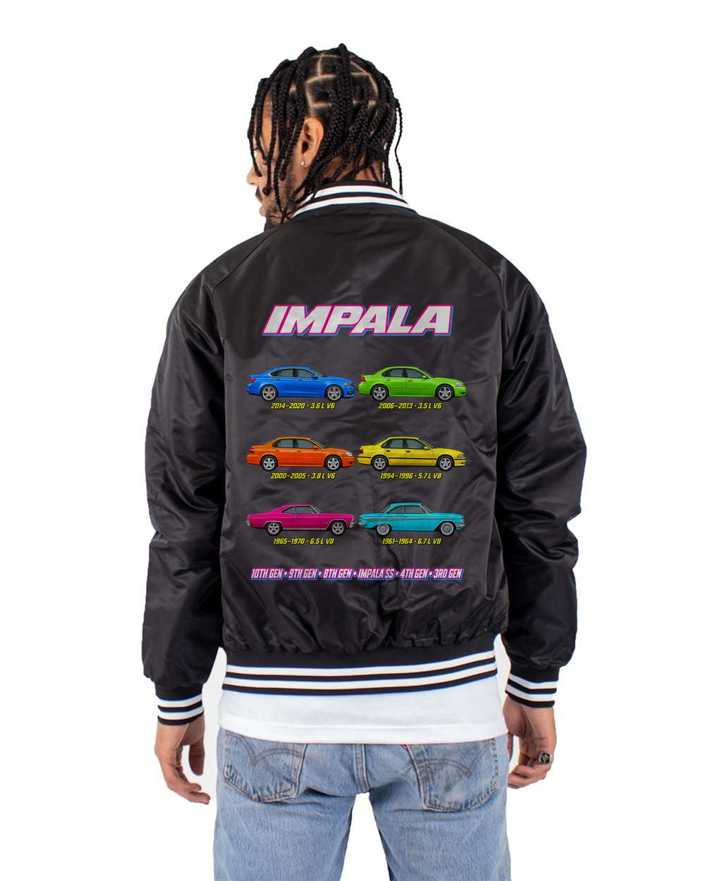 Chevy Impala evolution poster black bomber jacket back view with the design